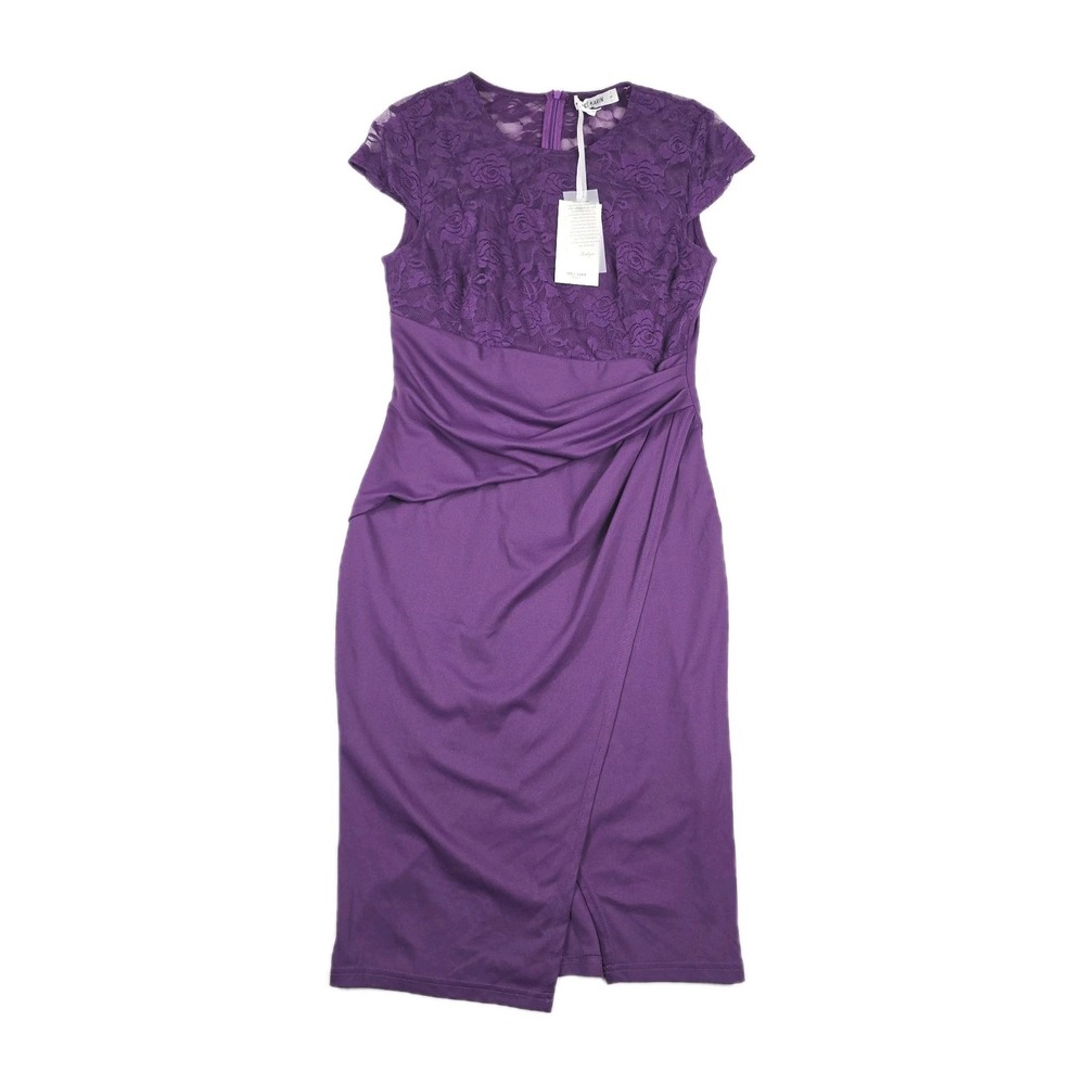 Grace Karin Womens Purple Floral Lace Sheath Dress Ruched Faux Wrap Size S NEW